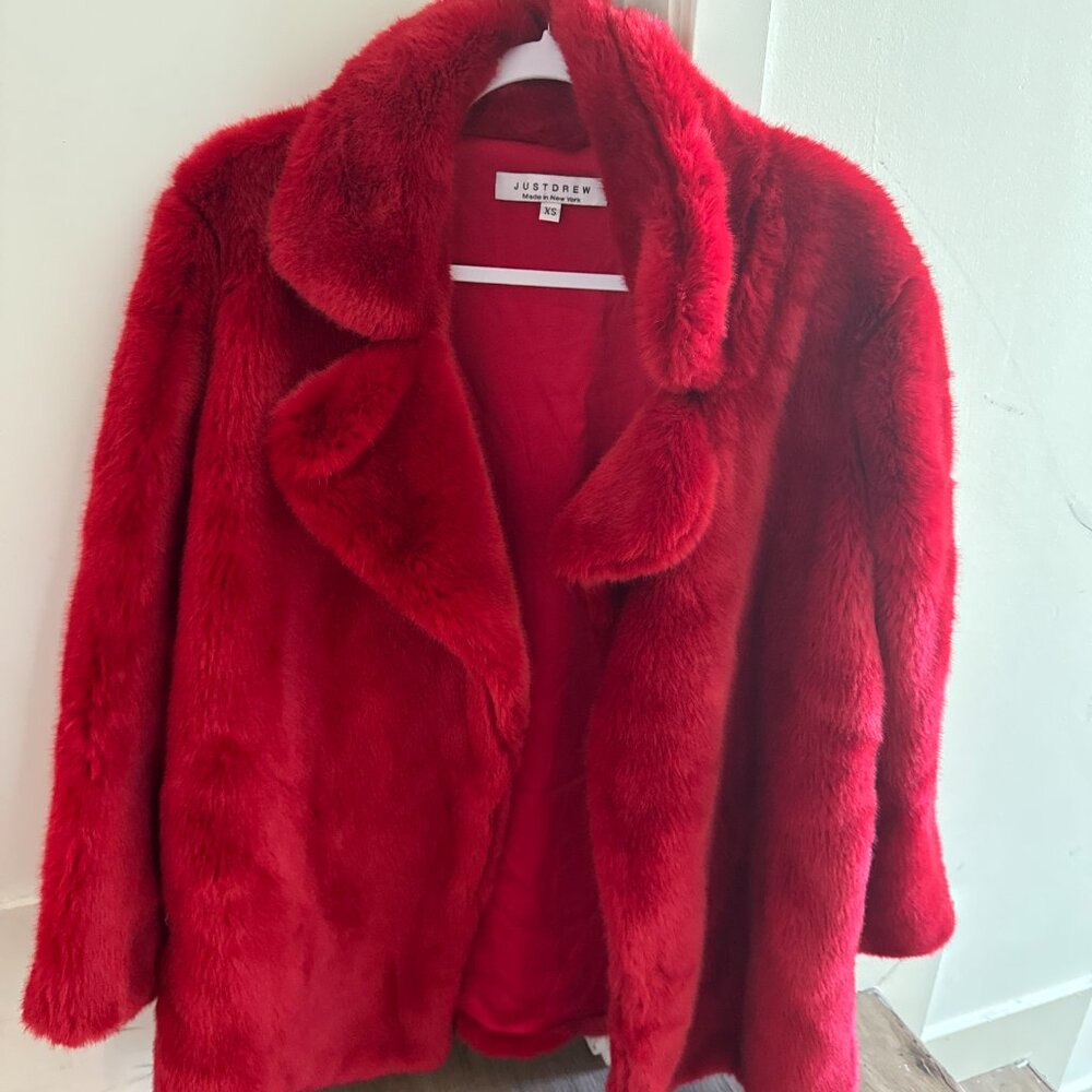 Just Drew NYC Red Faux Fur Coat XS